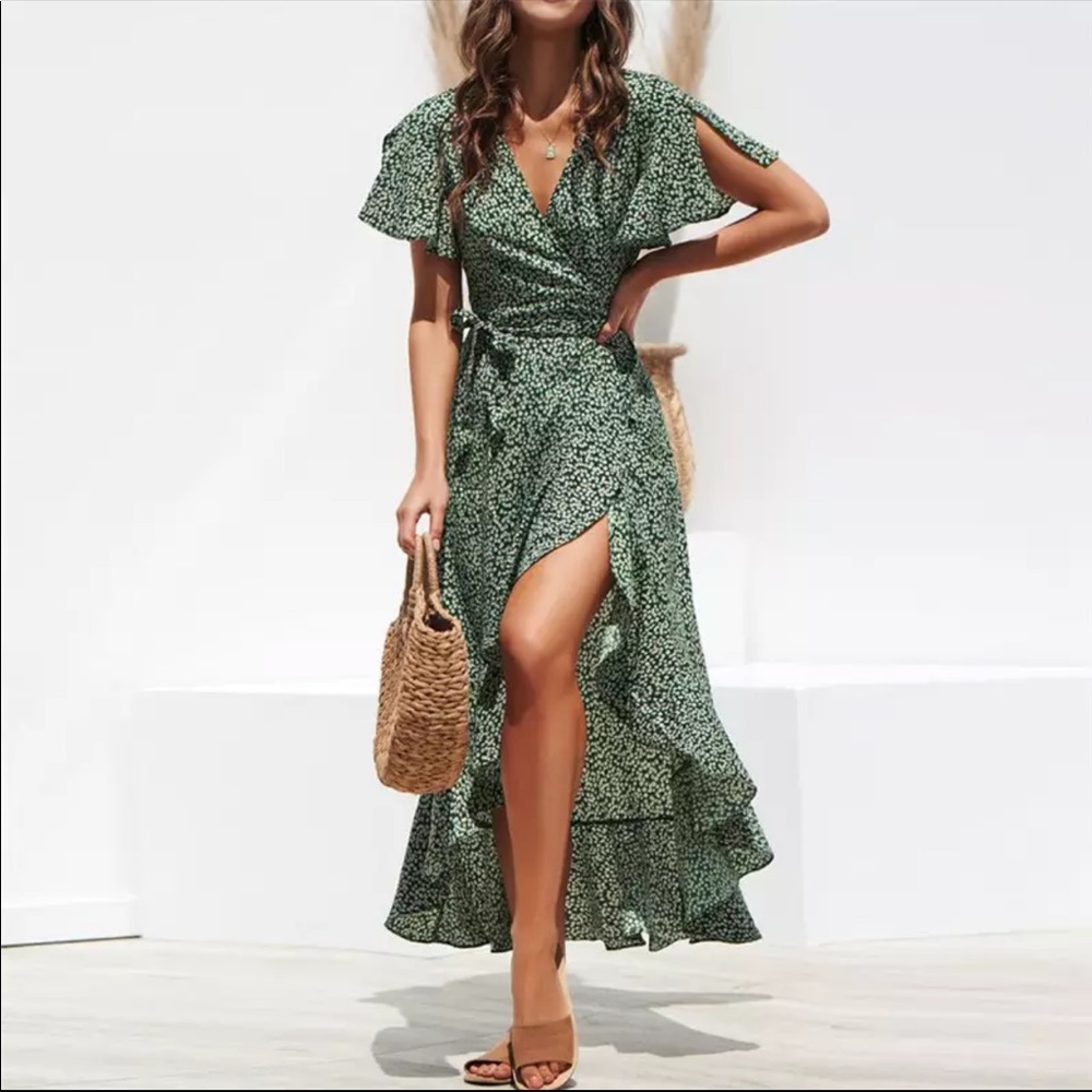 2 Left! Green Floral Wrap Maxi Boho Chiffon Dress - Picture 2 of 14